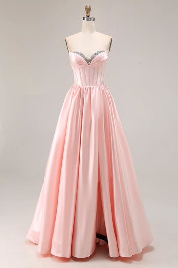 Pink A Line Sweetheart Satin Corset Long Prom Dress with Beading